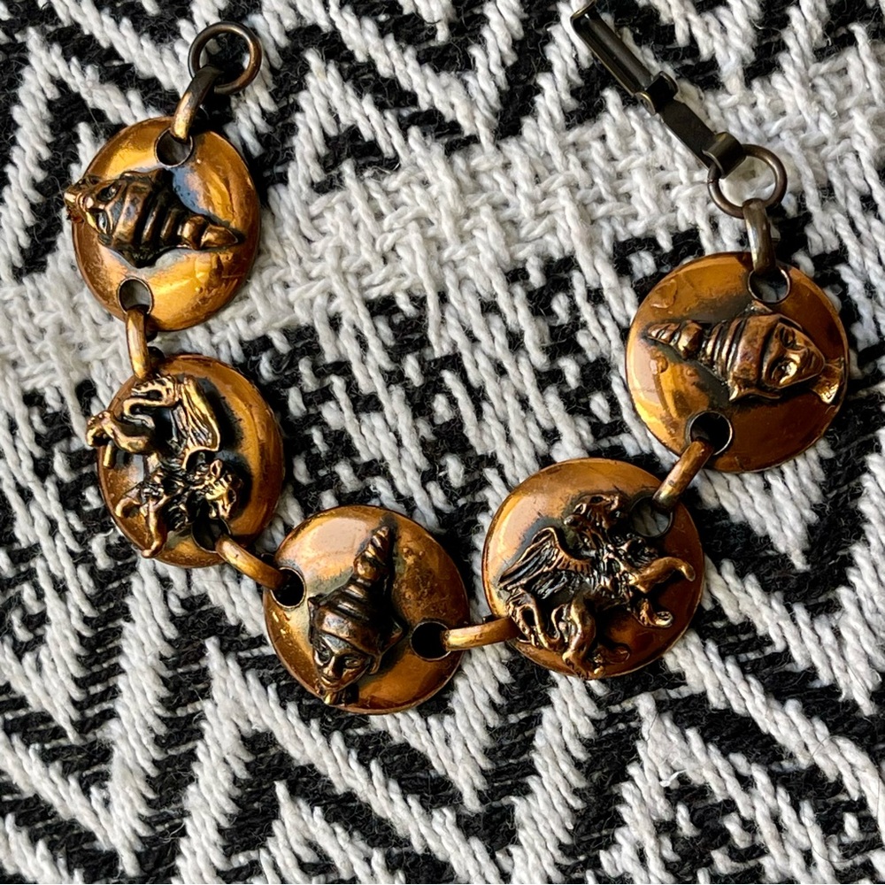 Vintage | 1950's Copper Warrior & Winged Lion Griffon Panel Link Bracelet Small